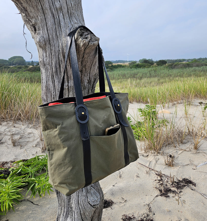 Monica Travel Tote in Waxed Cotton and Leather Sage Green