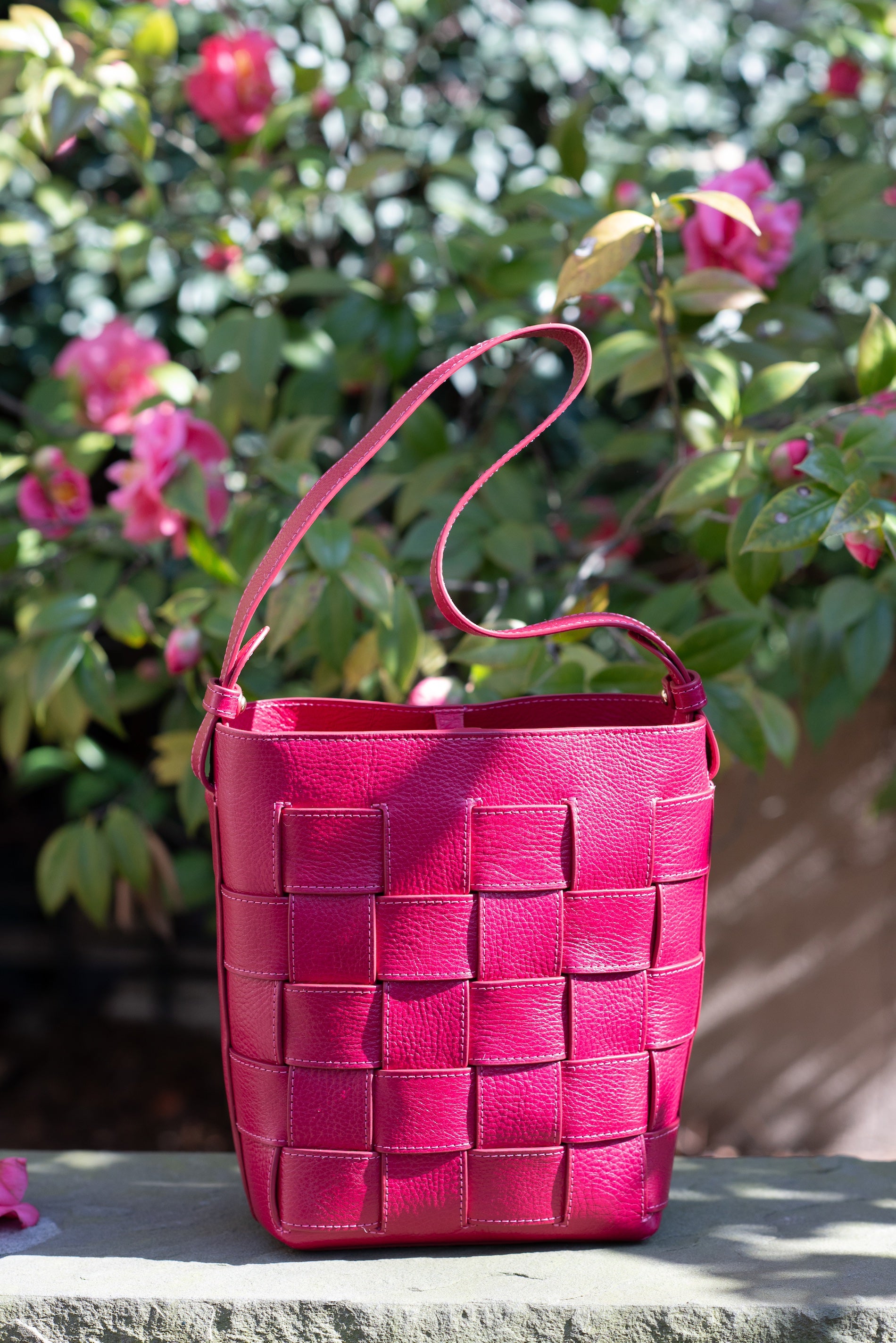 Mini Woven Leather Bucket Shoulder Bag Raspberry