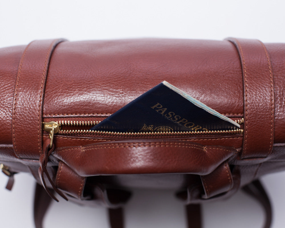 Top Leather Zipper View of Leather Backpack Chestnut