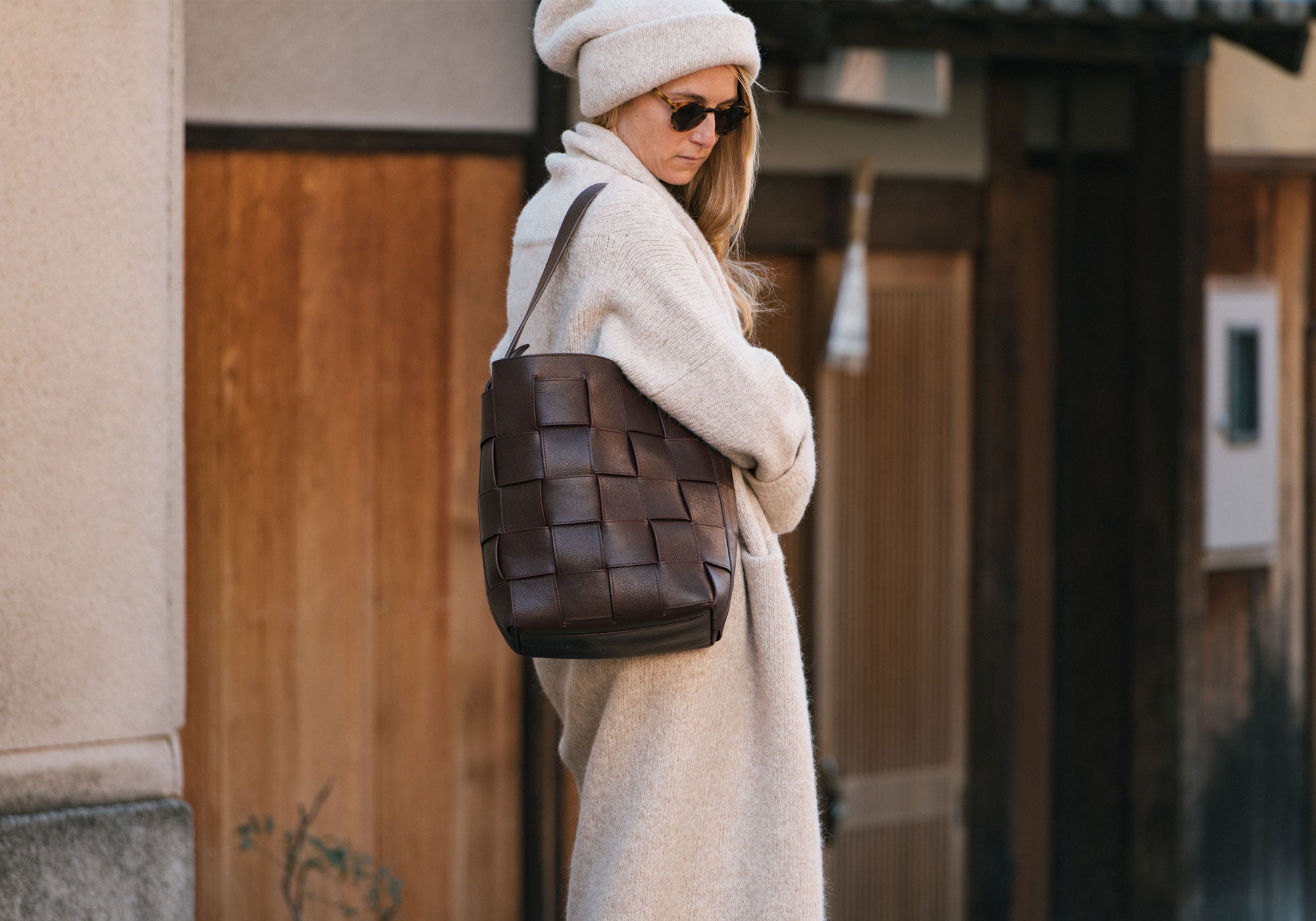 Woven Leather Bucket Shoulder Bag Lifestyle