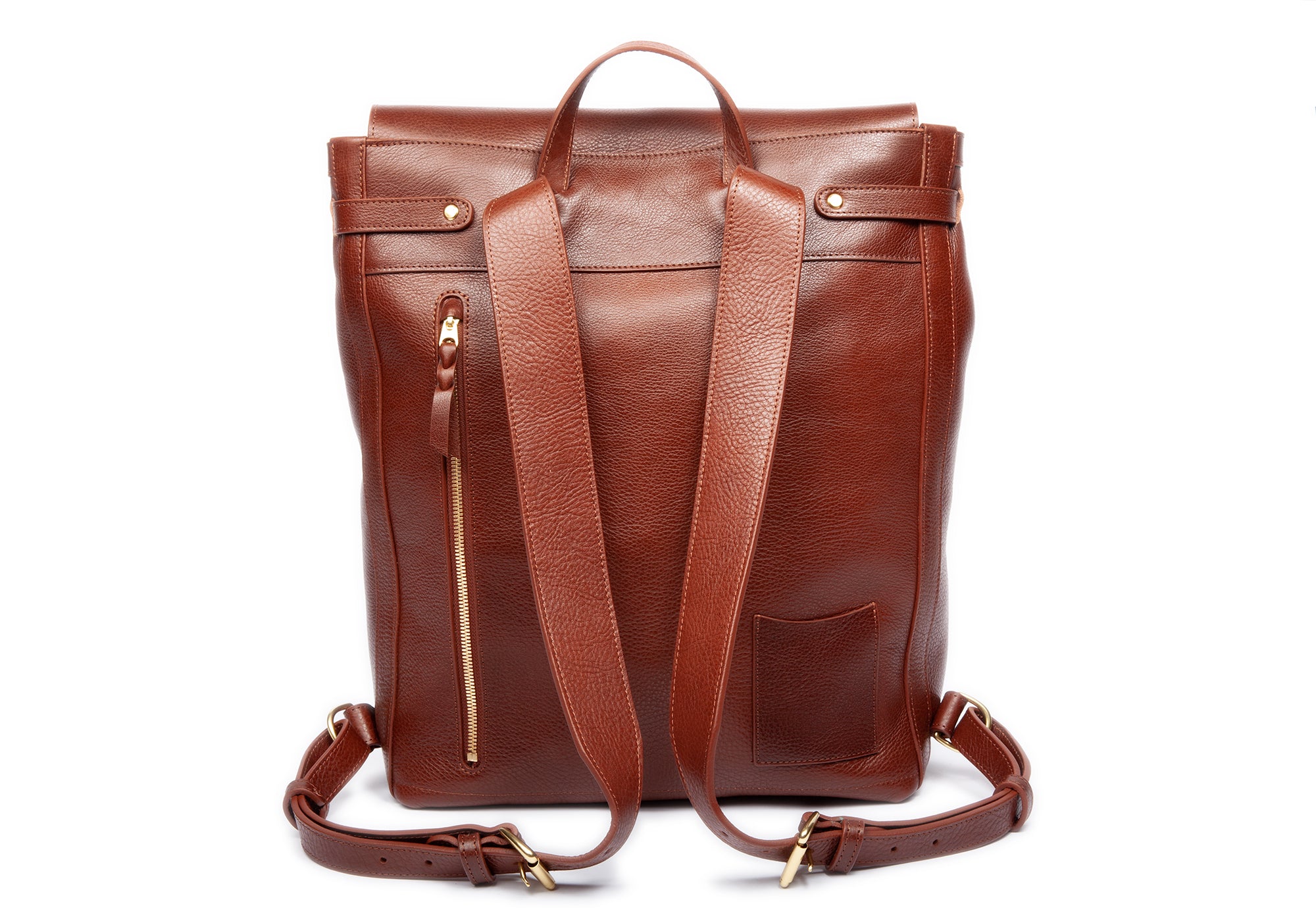 Back Leather Strap View of Leather Knapsack Chestnut