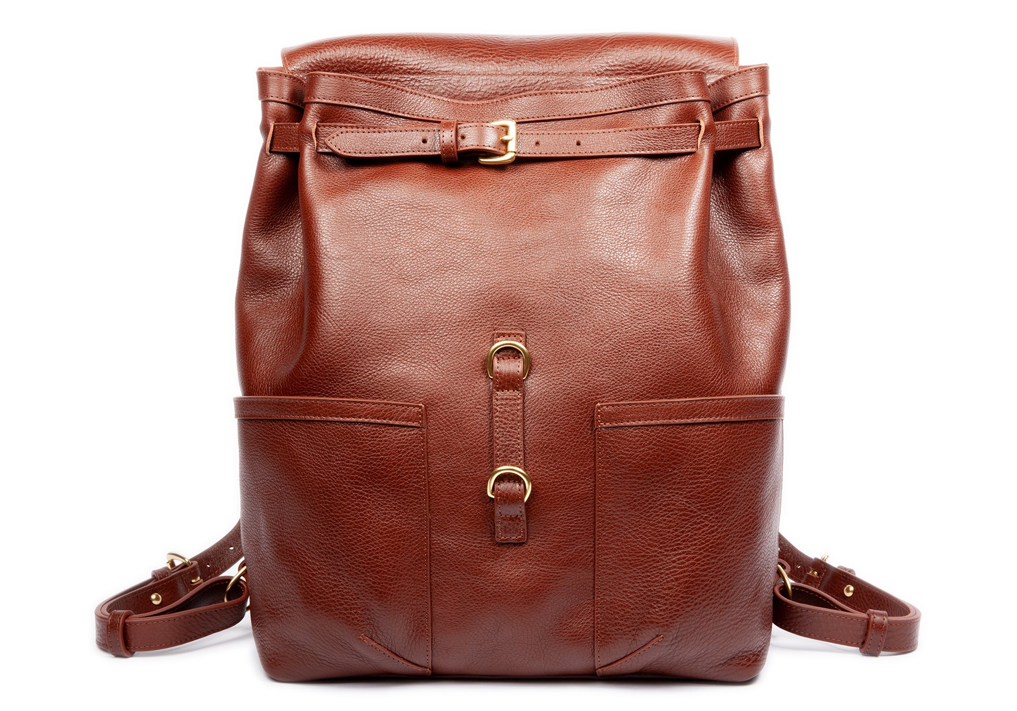 Front Leather Pocket View of Leather Knapsack Chestnut