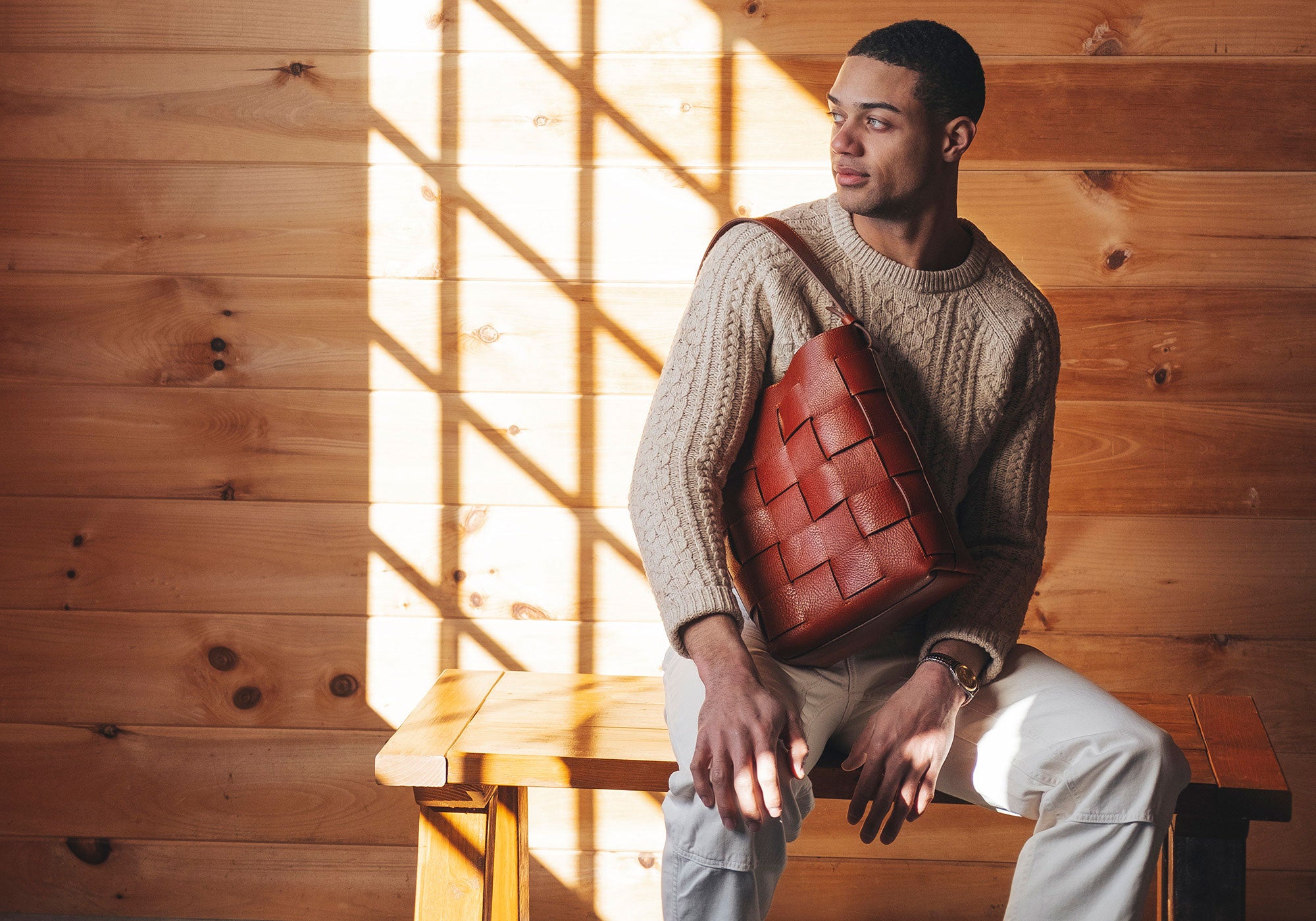 Woven Leather Bucket Shoulder Bag Lifestyle