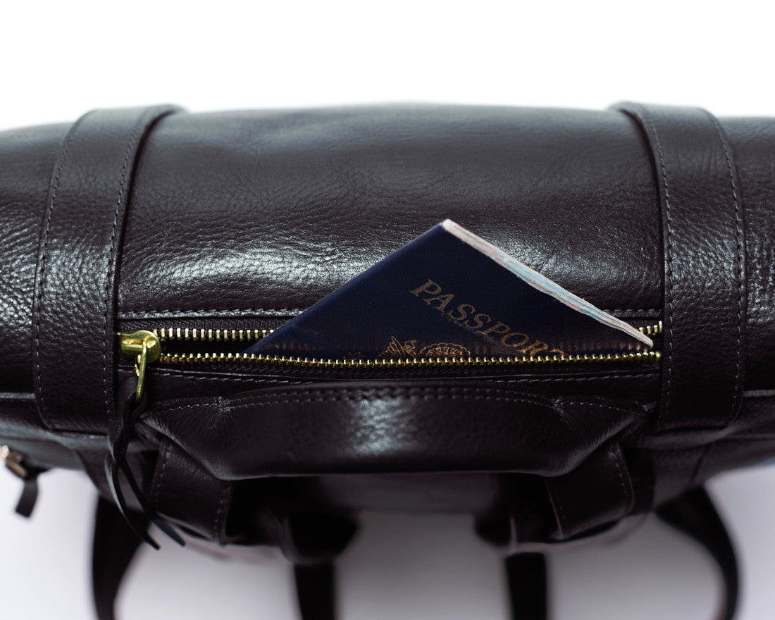 Top Leather Zipper Open of Leather Backpack Black