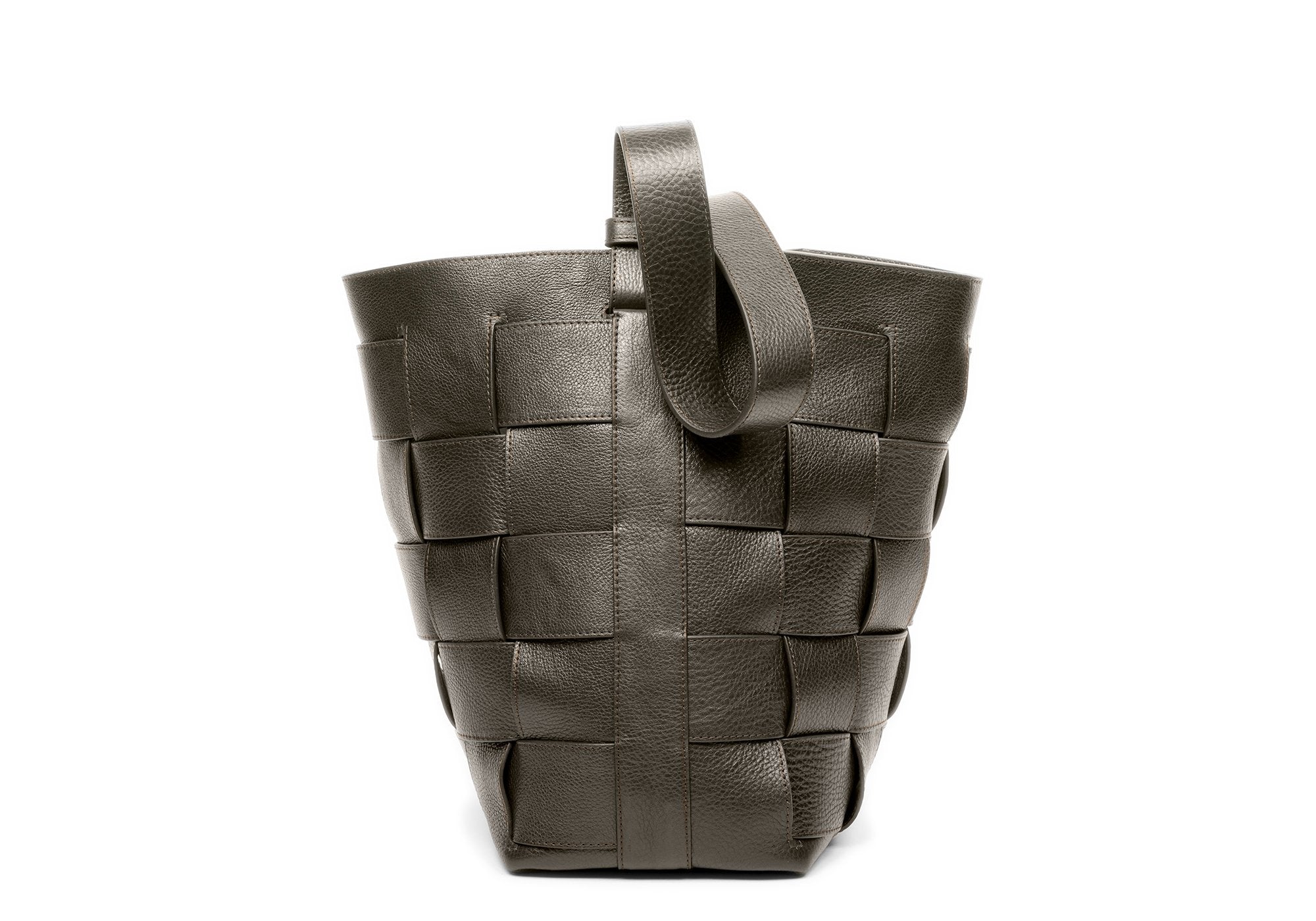 Woven Leather Bucket Shoulder Bag Olive