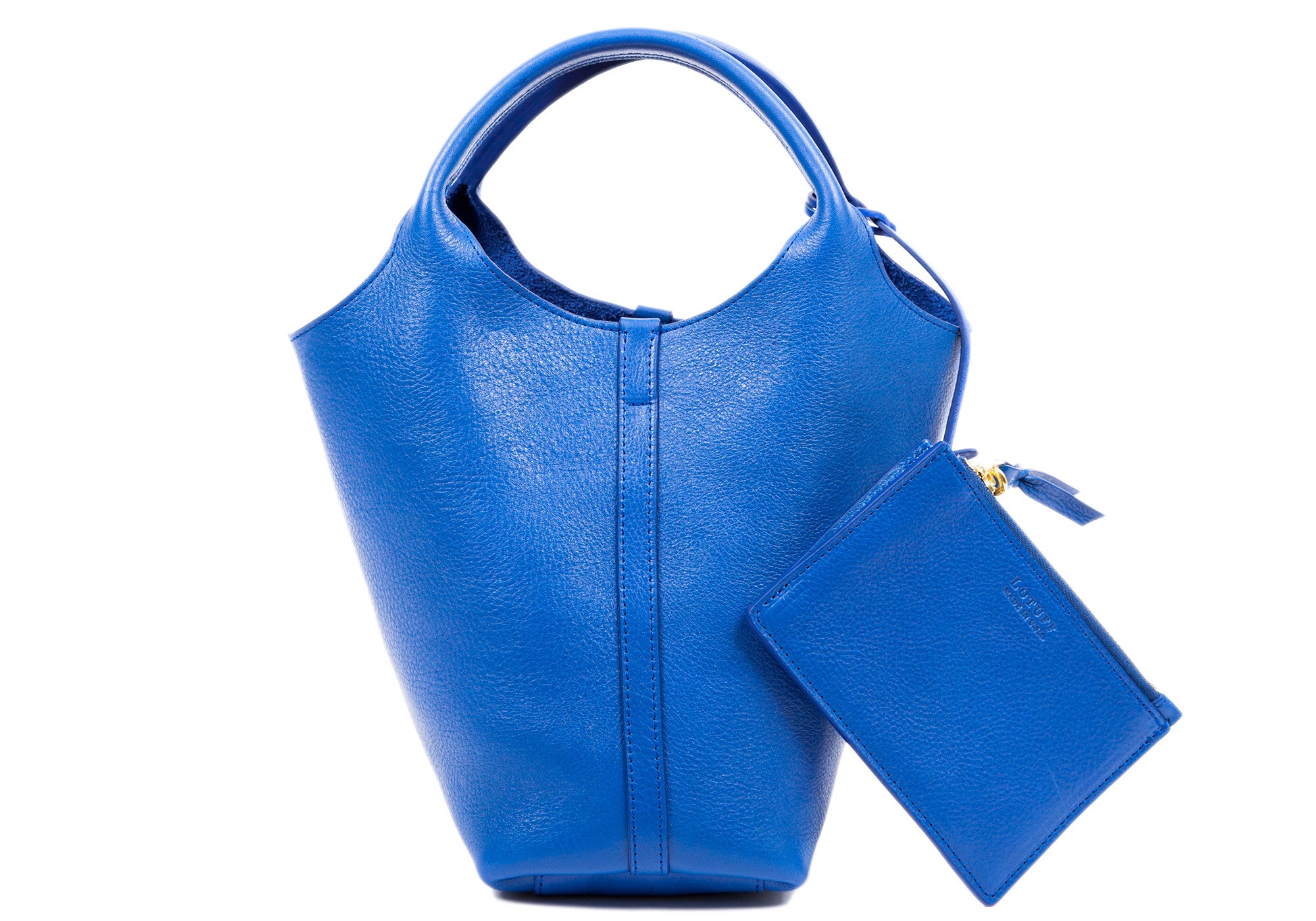 Front Leather View of The One-Piece Bag Electric Blue