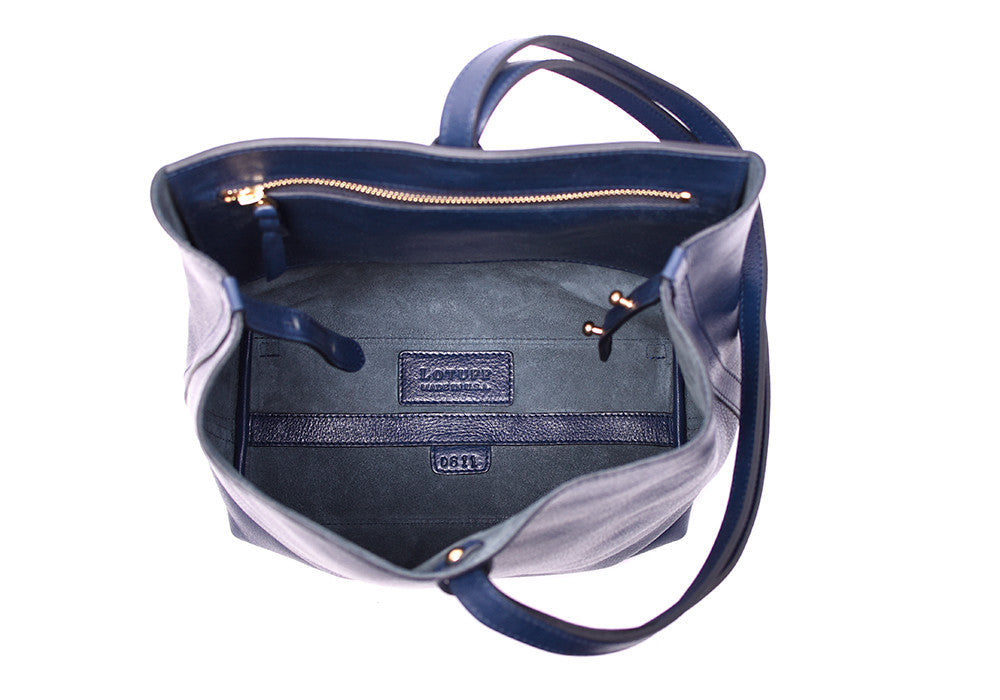 Inner Leather View of The Sling Backpack Indigo