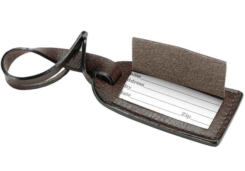 Front Leather View Open of Leather Luggage ID Tag Chocolate
