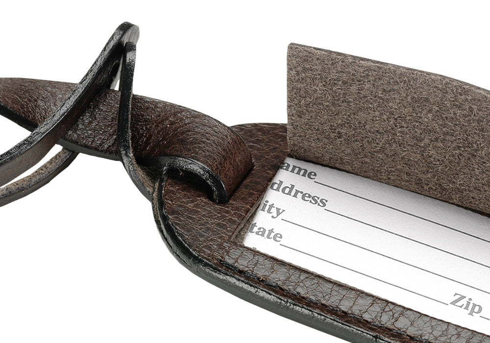 Close Up View of Leather Luggage ID Tag Chocolate