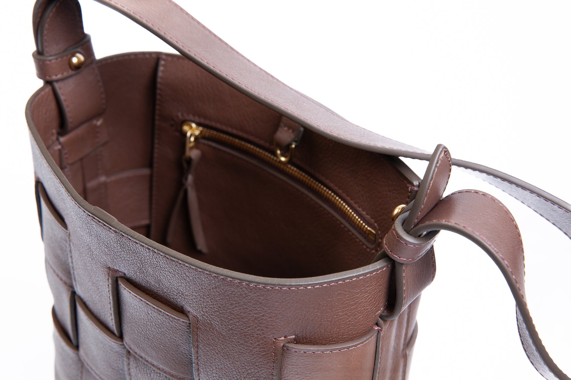 Mini Woven Leather Bucket Shoulder Bag Clay