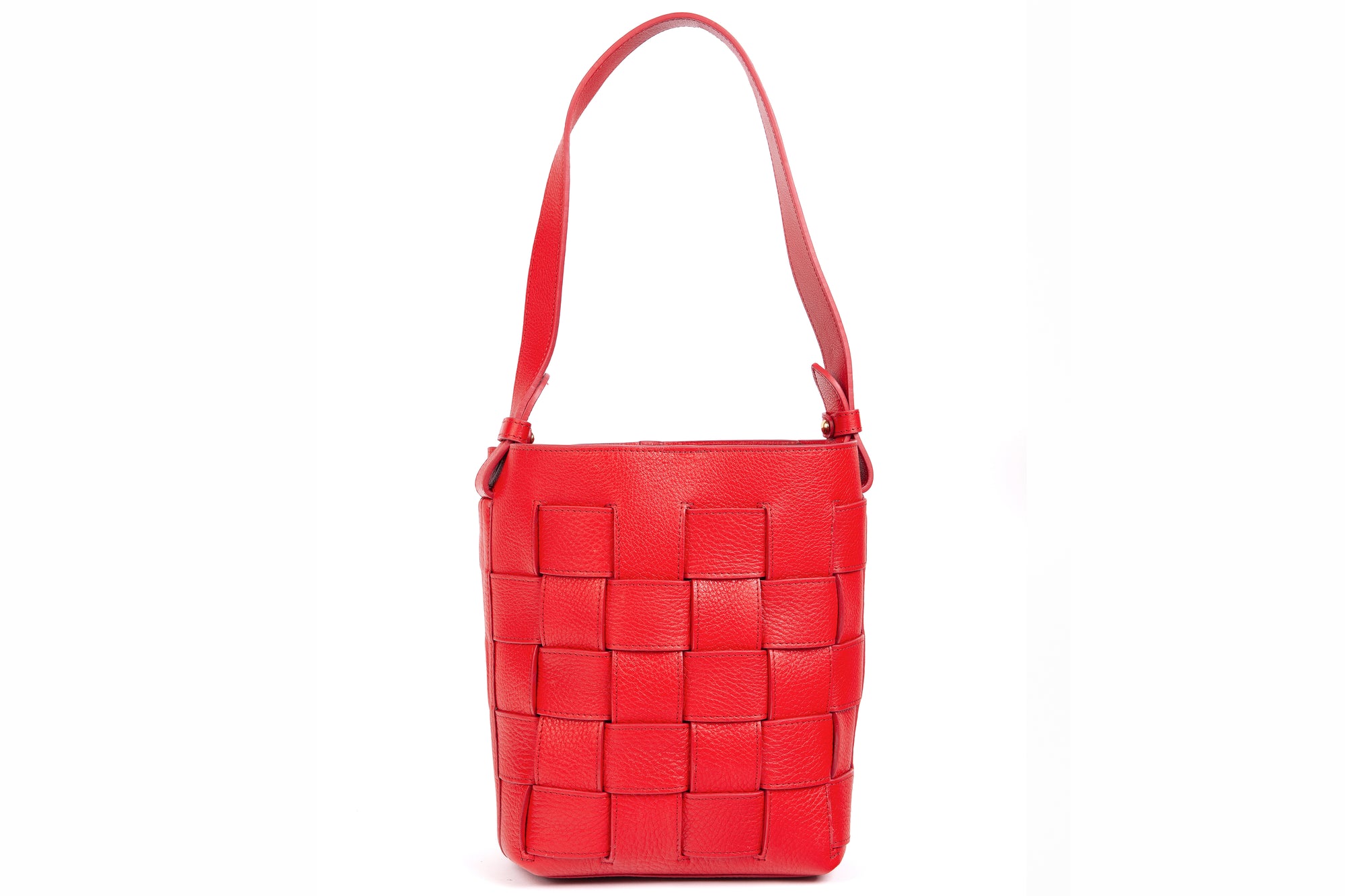 Mini Woven Leather Bucket Shoulder Bag Pop Red
