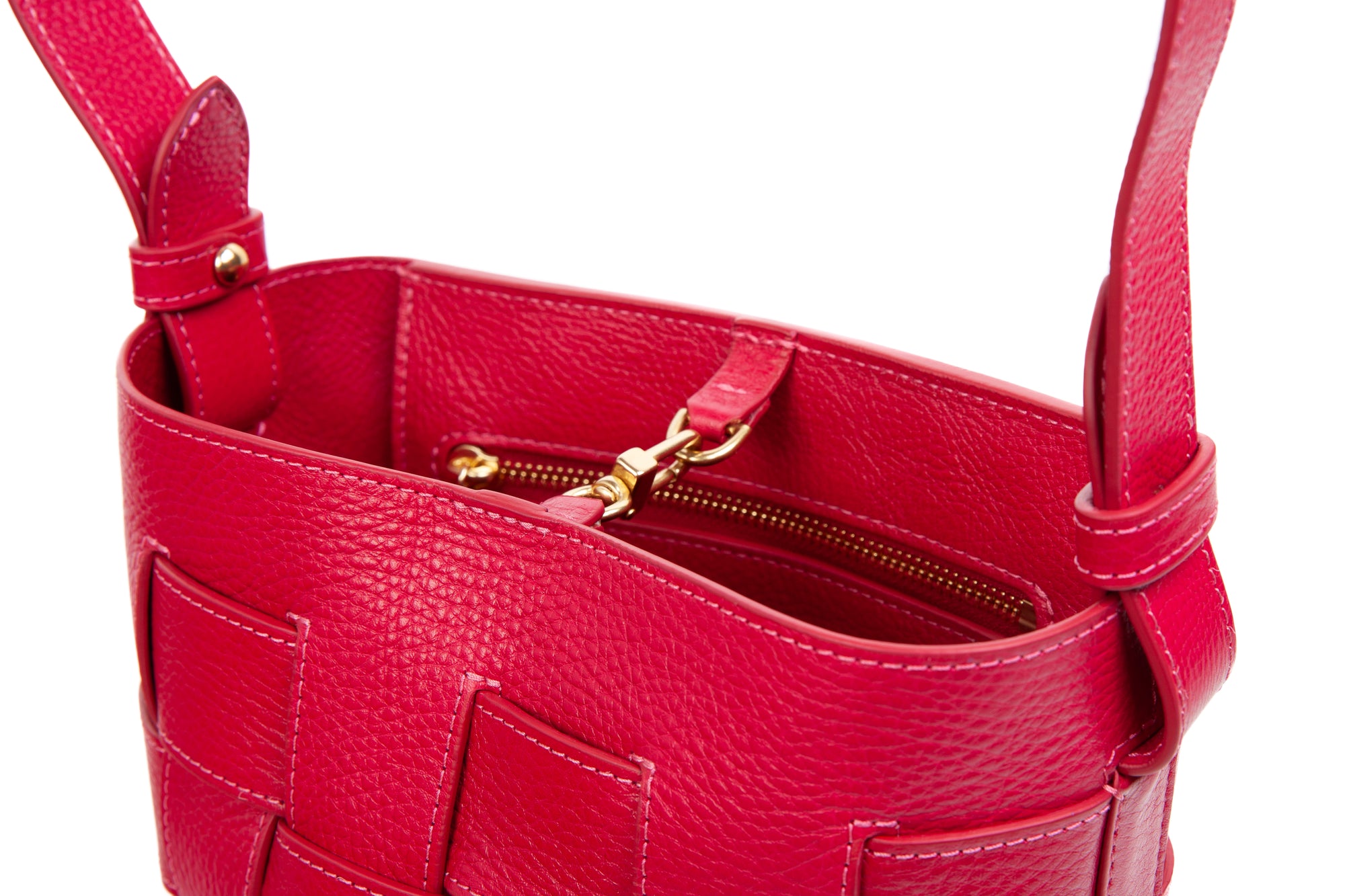 Mini Woven Leather Bucket Shoulder Bag Raspberry