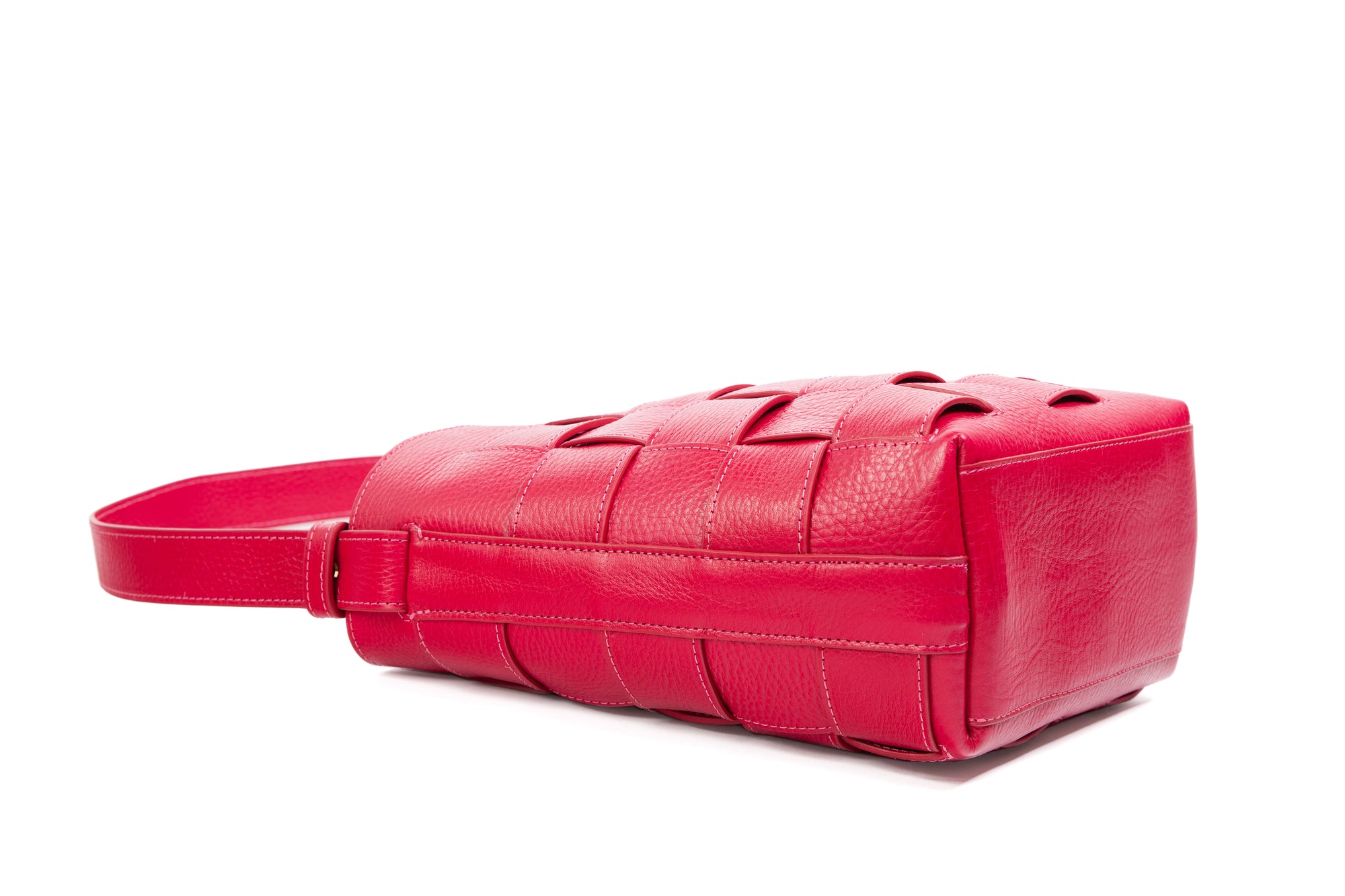 Mini Woven Leather Bucket Shoulder Bag Raspberry