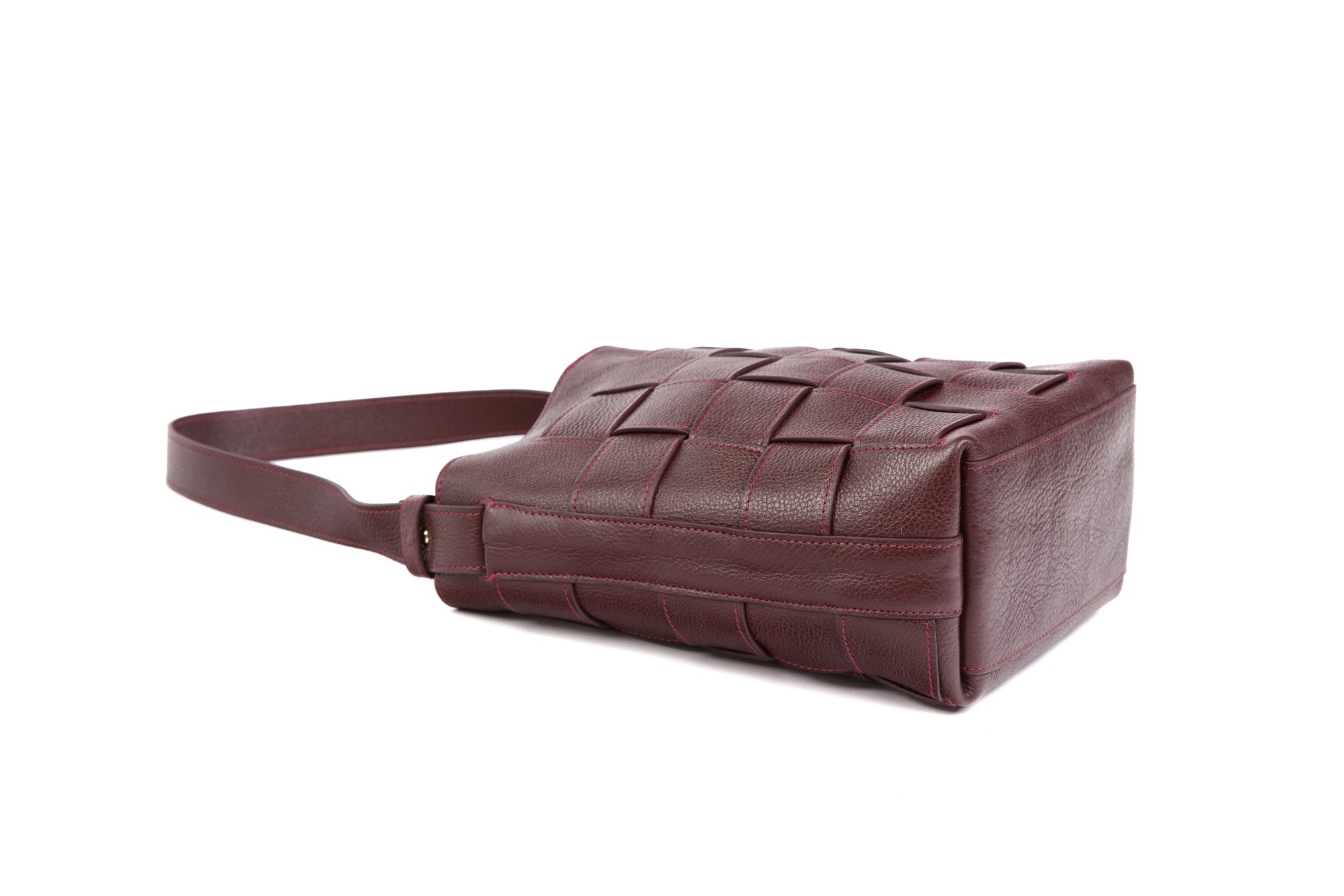 Mini Woven Leather Bucket Shoulder Bag Cordovan