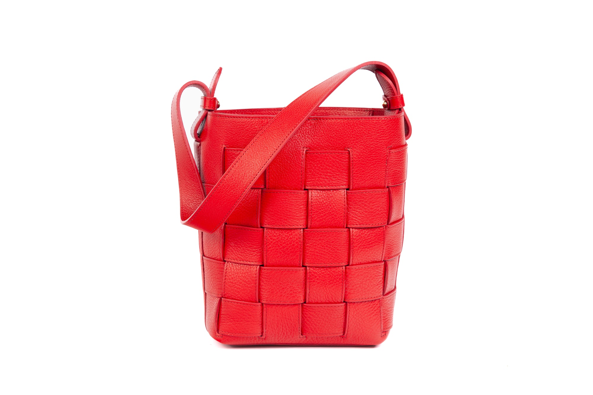 Mini Woven Leather Bucket Shoulder Bag Pop Red