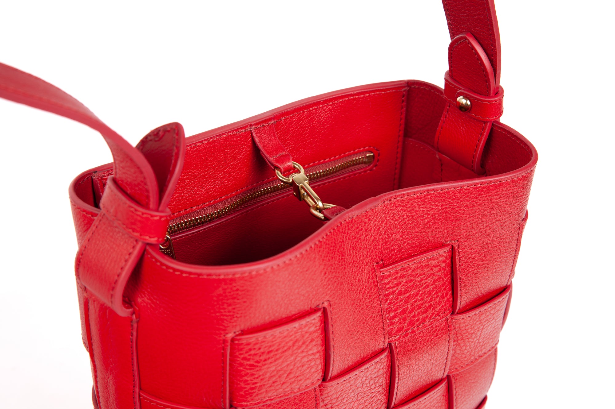 Mini Woven Leather Bucket Shoulder Bag Pop Red