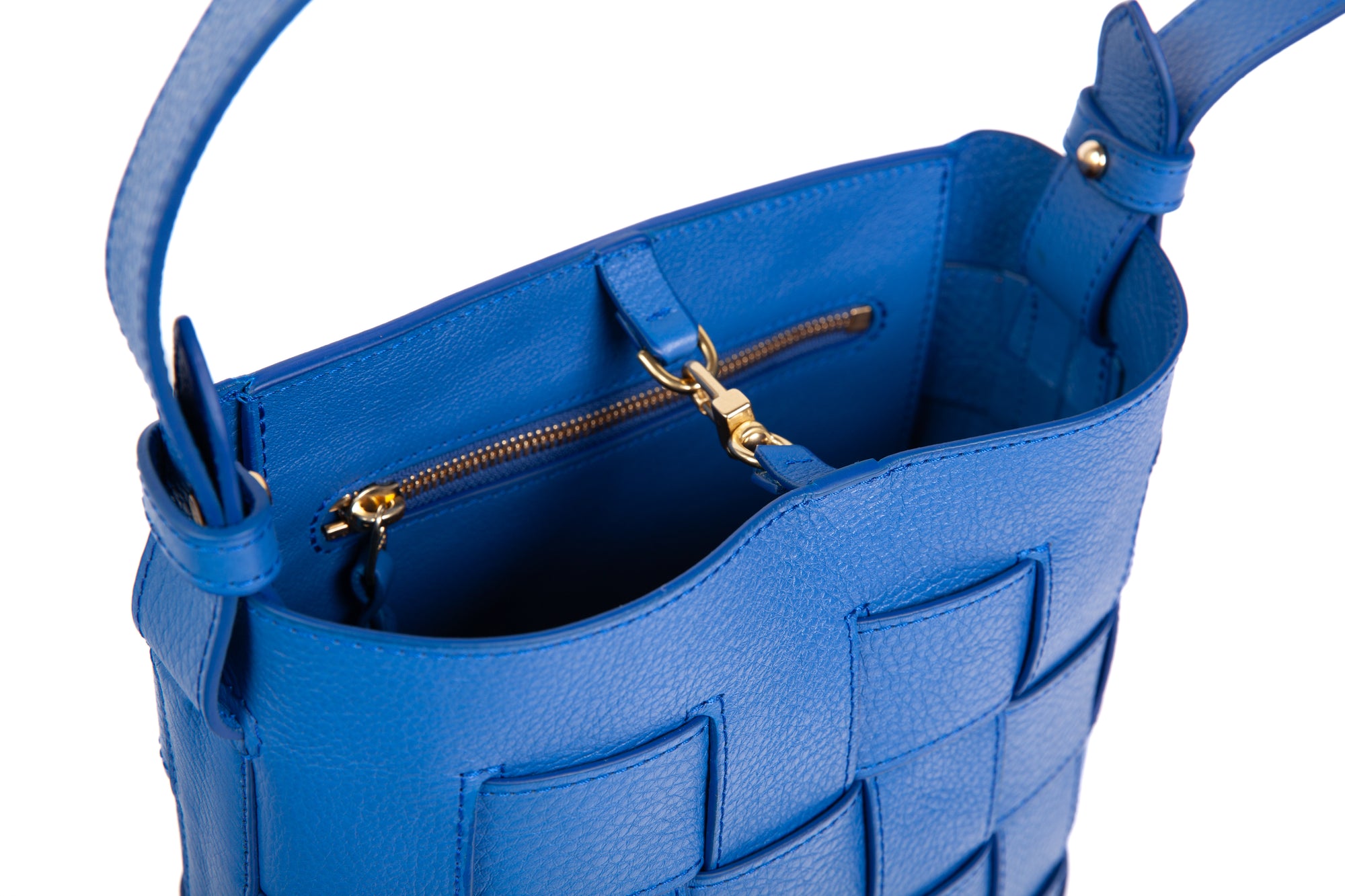 Mini Woven Leather Bucket Shoulder Bag Electric Blue