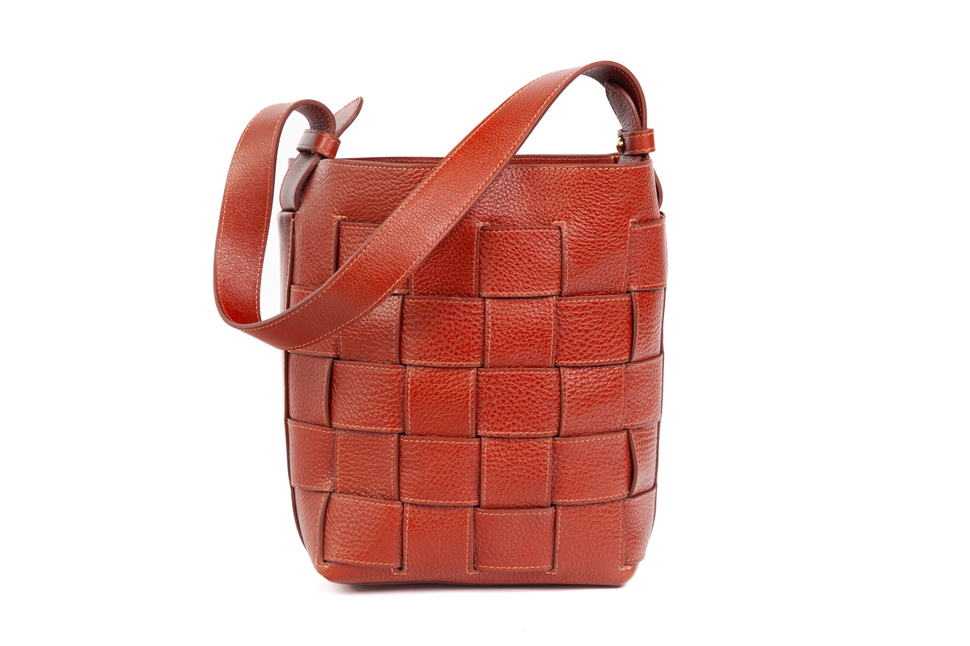 Mini Woven Leather Bucket Shoulder Bag Saddle Tan