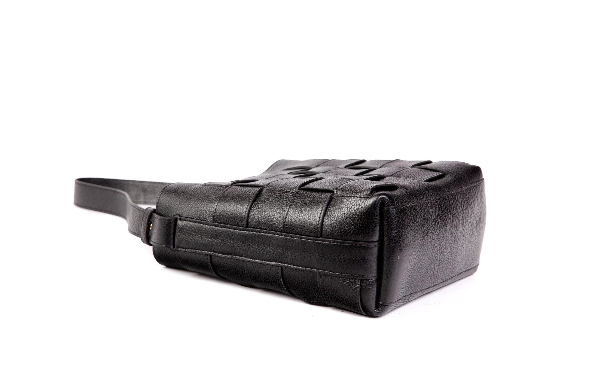 Mini Woven Leather Bucket Shoulder Bag Black