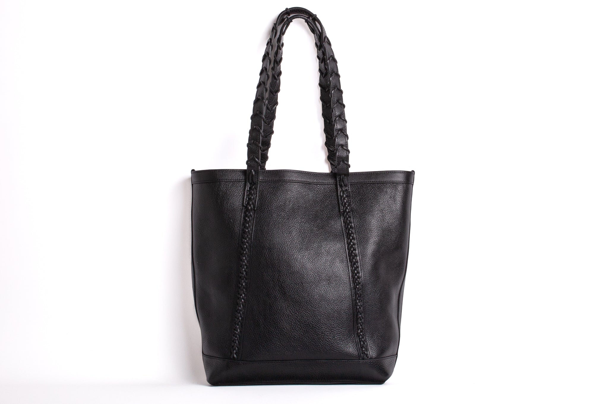 Braided Leather Angle Tote Black