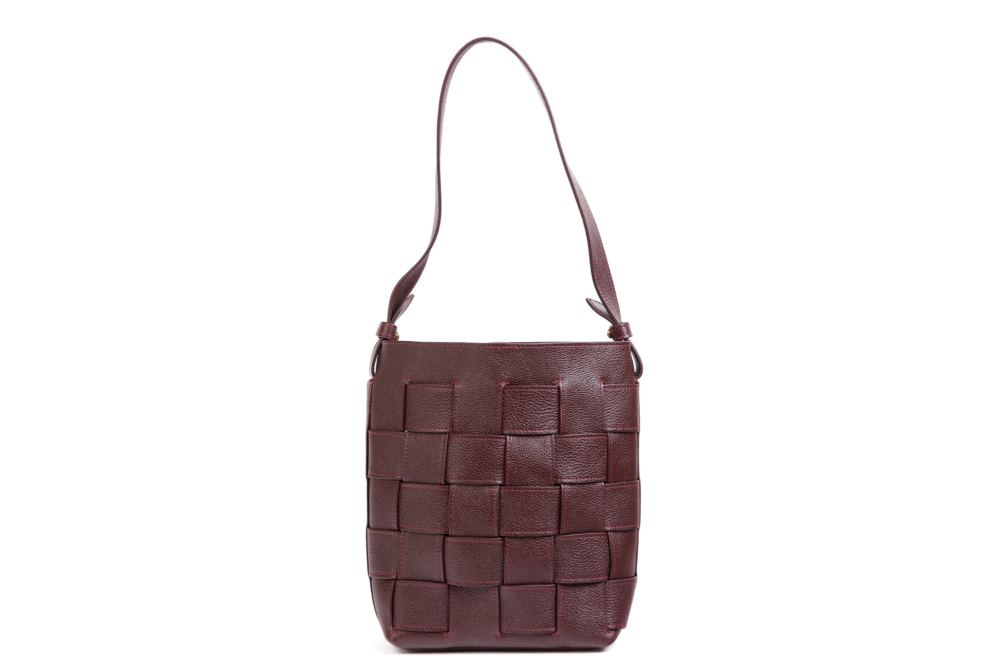 Mini Woven Leather Bucket Shoulder Bag Cordovan