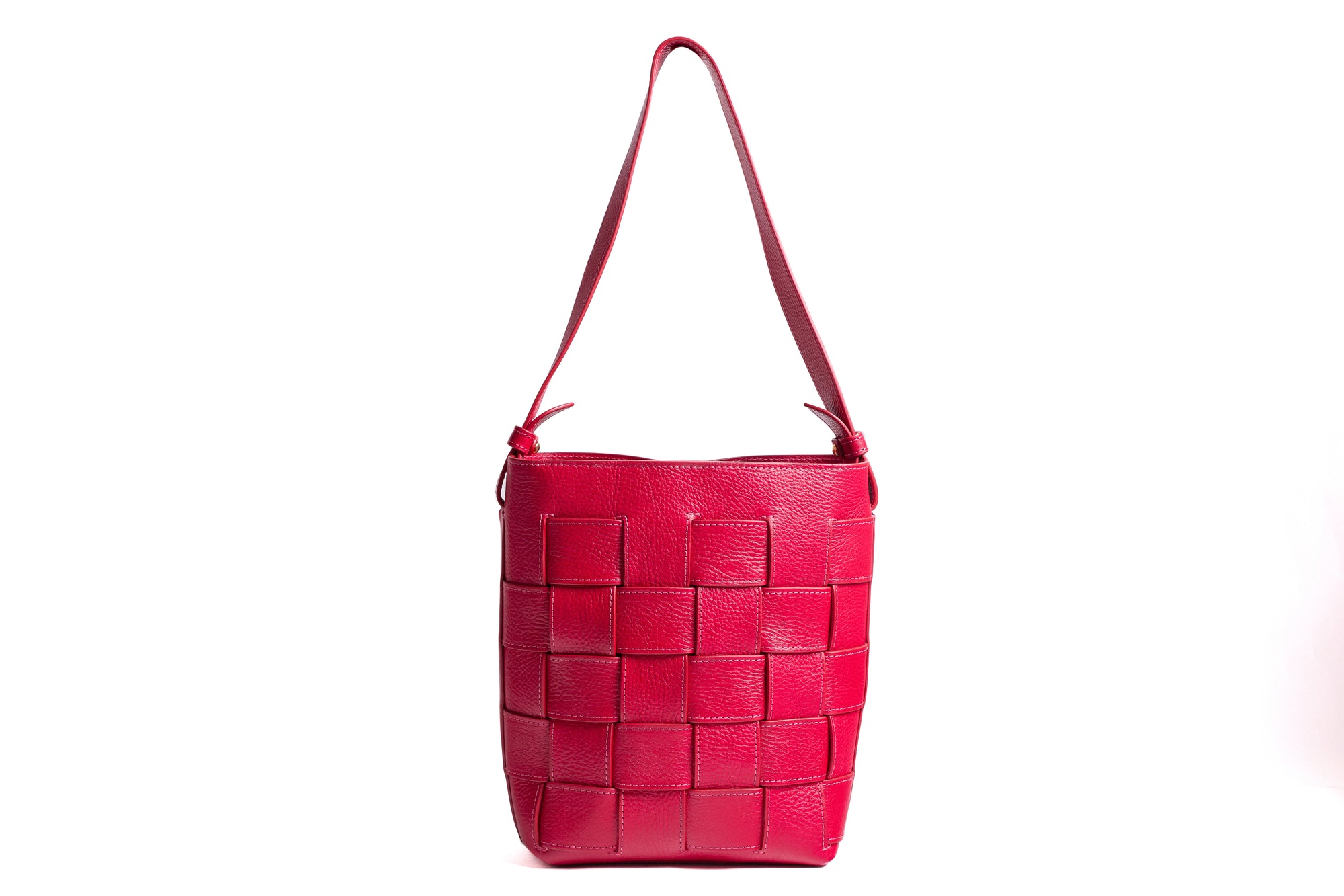 Mini Woven Leather Bucket Shoulder Bag Raspberry