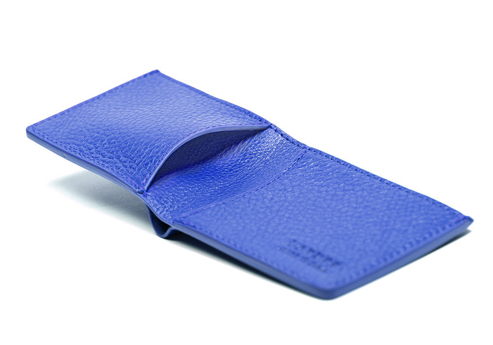 Side View Open of Two-Pocket Leather Bifold Wallet Electric Blue