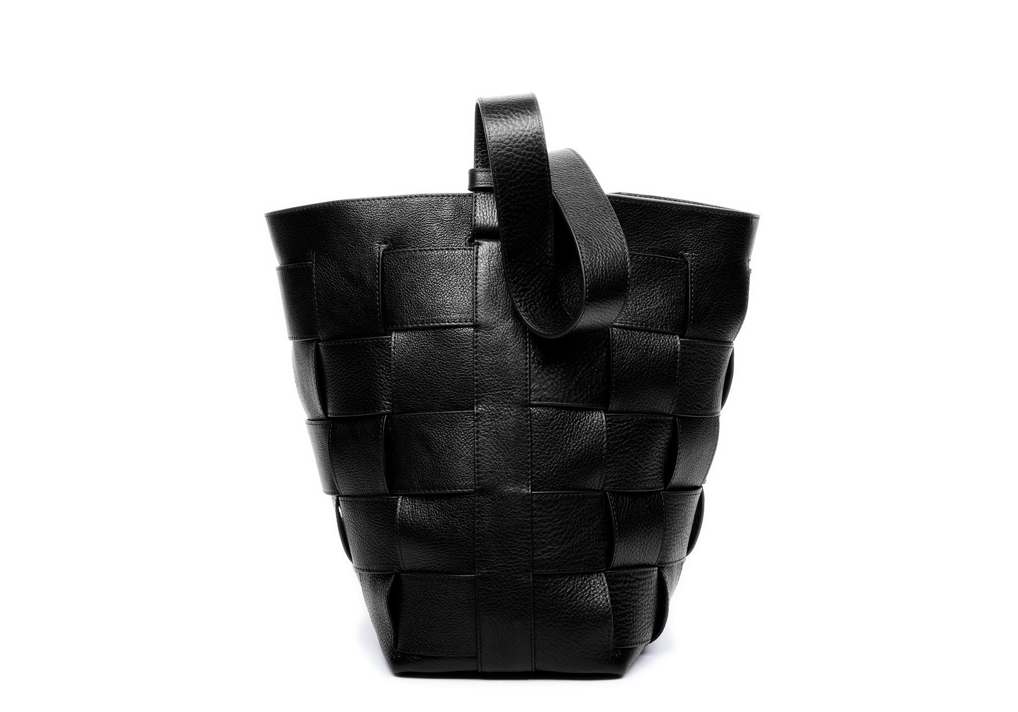 Woven Leather Bucket Shoulder Bag Black