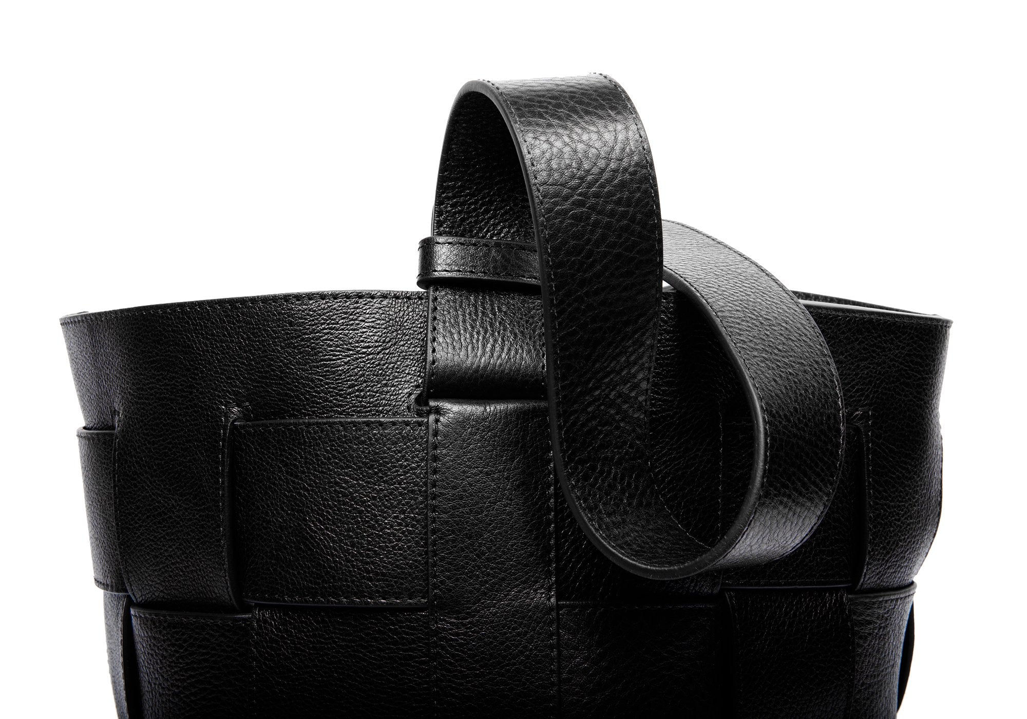 Woven Leather Bucket Shoulder Bag Black