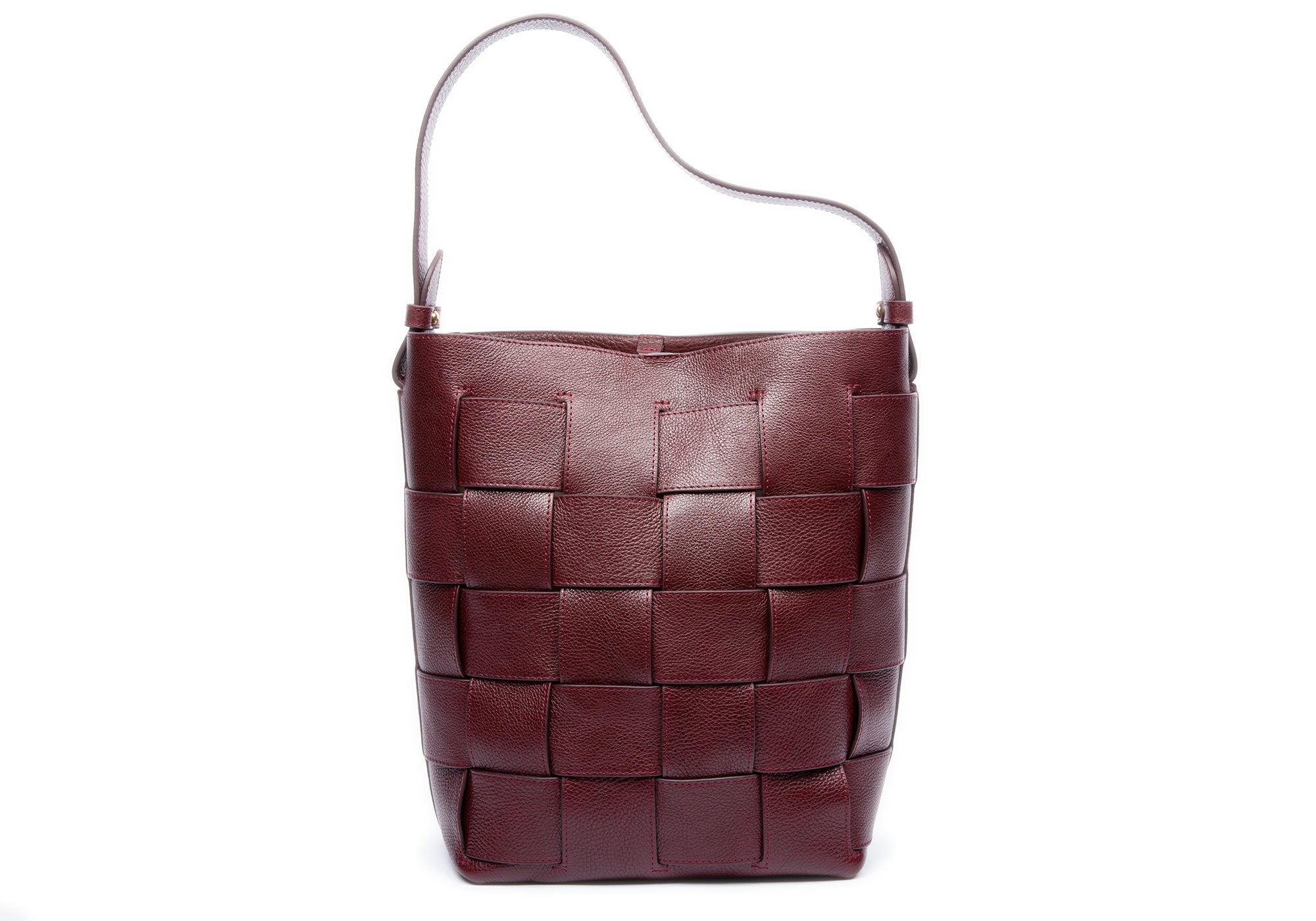 Woven Leather Bucket Shoulder Bag Cordovan