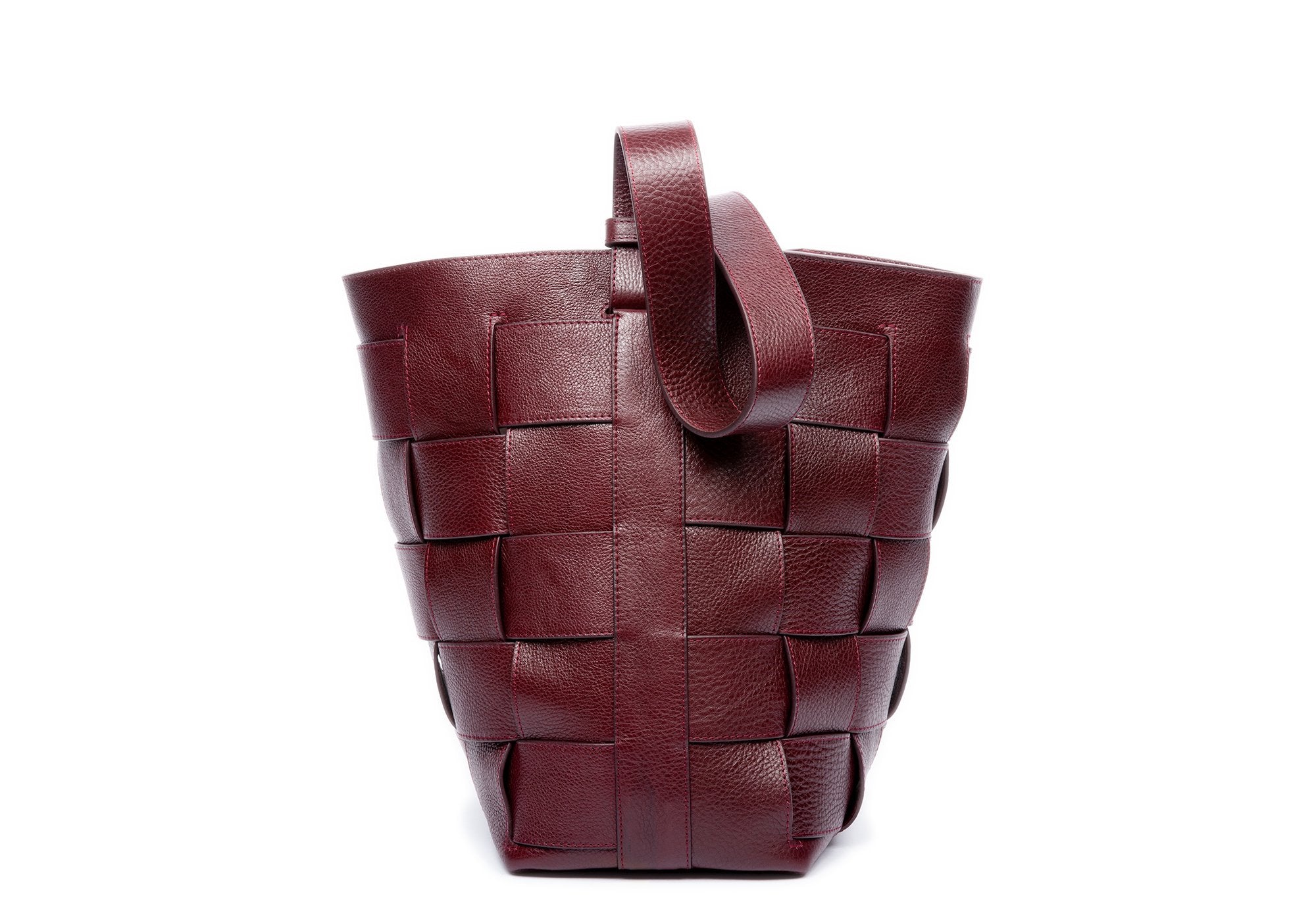 Woven Leather Bucket Shoulder Bag Cordovan