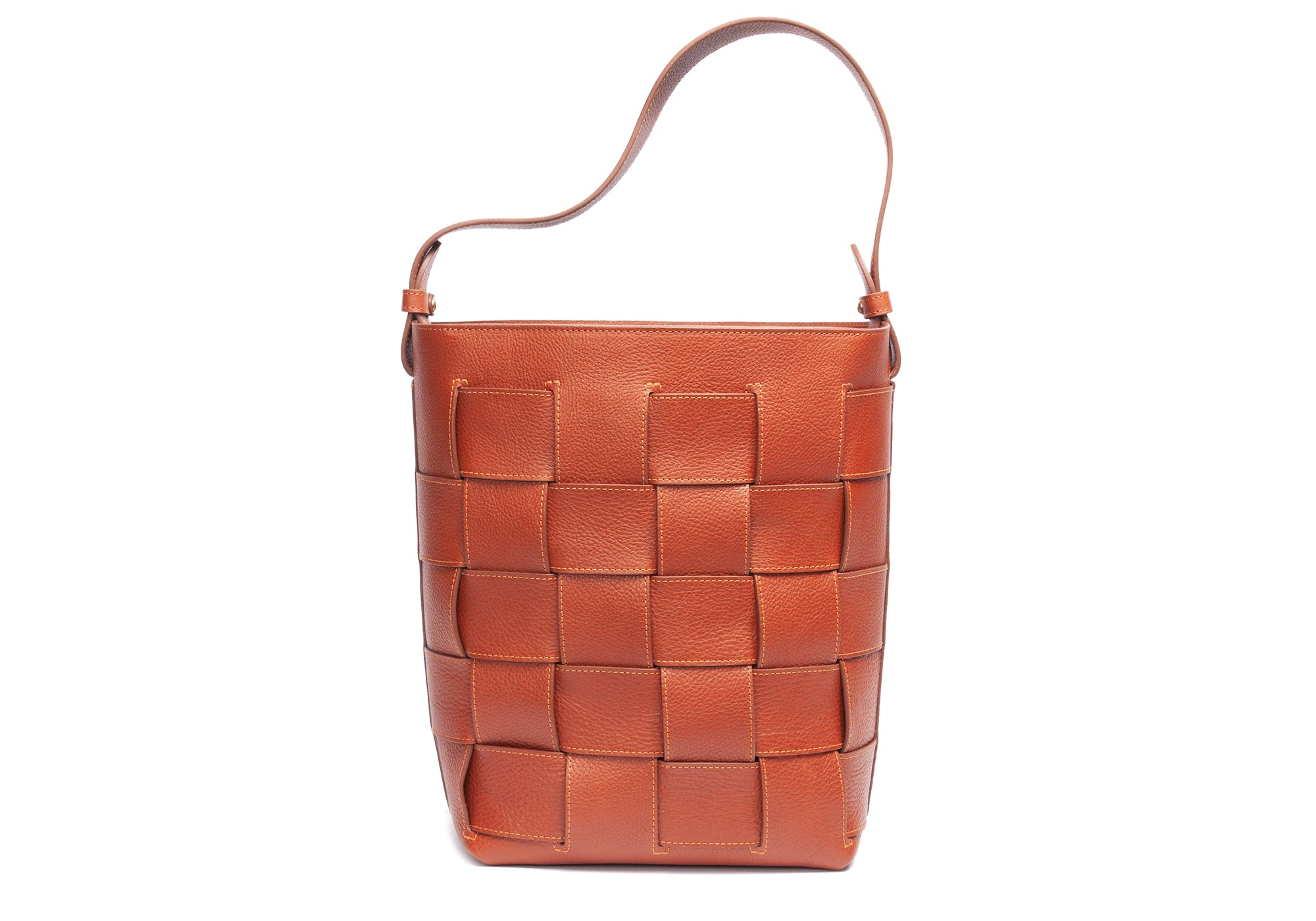 Woven Leather Bucket Shoulder Bag Saddle Tan