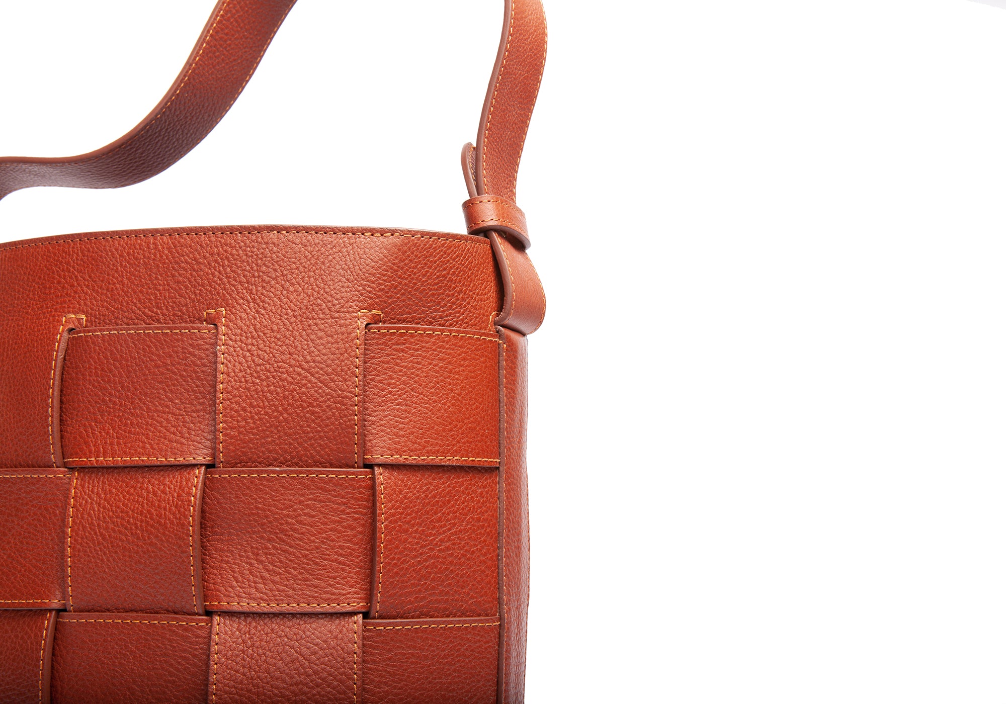 Woven Leather Bucket Shoulder Bag Saddle Tan