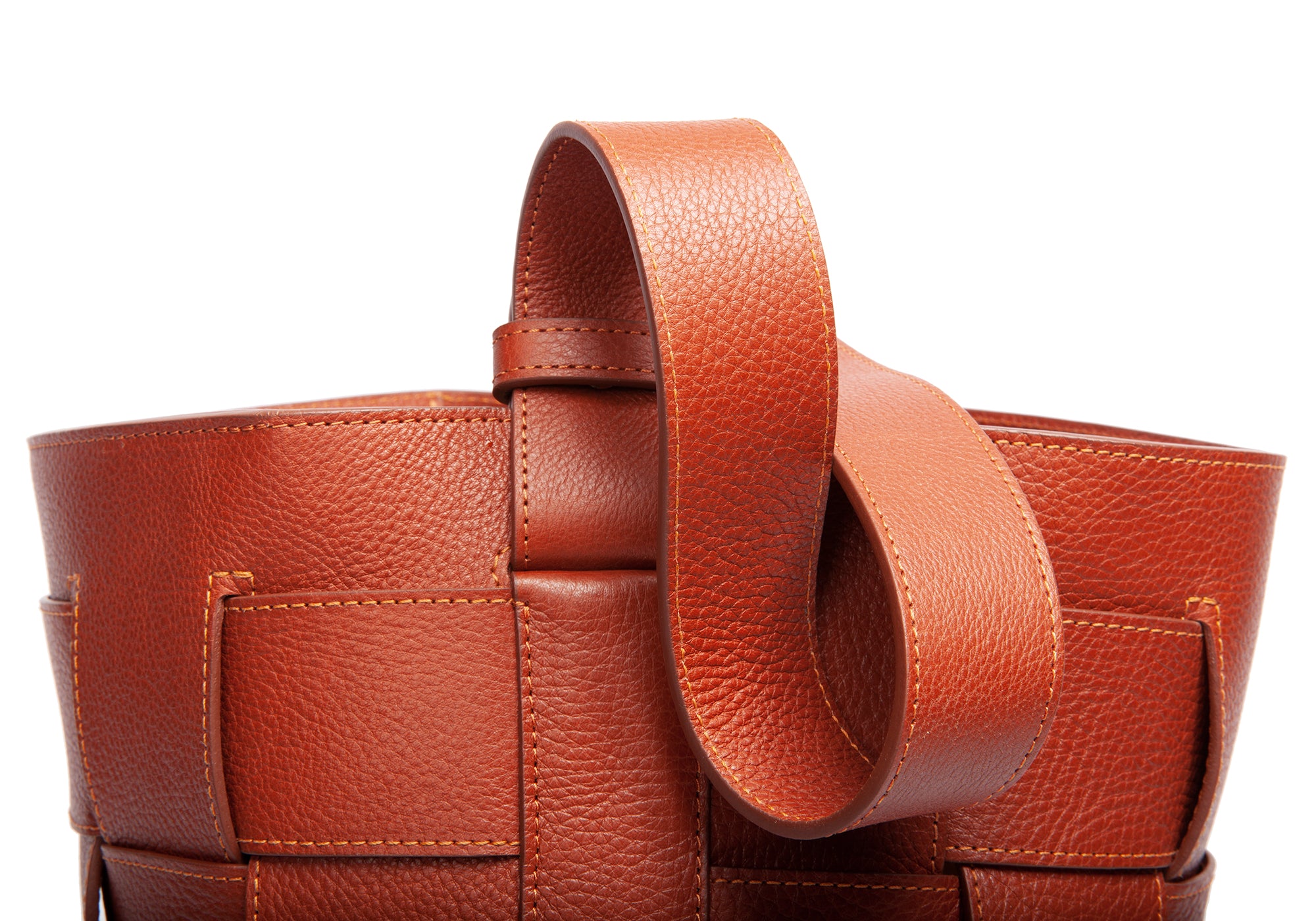 Woven Leather Bucket Shoulder Bag Saddle Tan