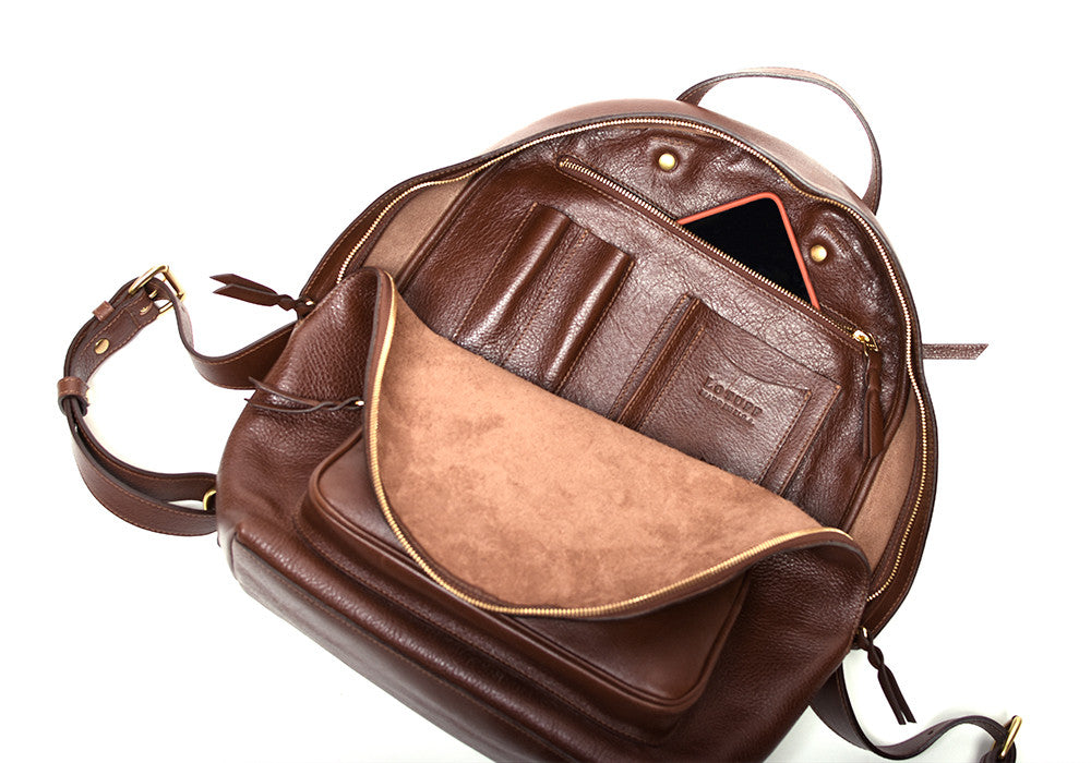Inner Leather Pocket of Leather Zipper Backpack Chestnut