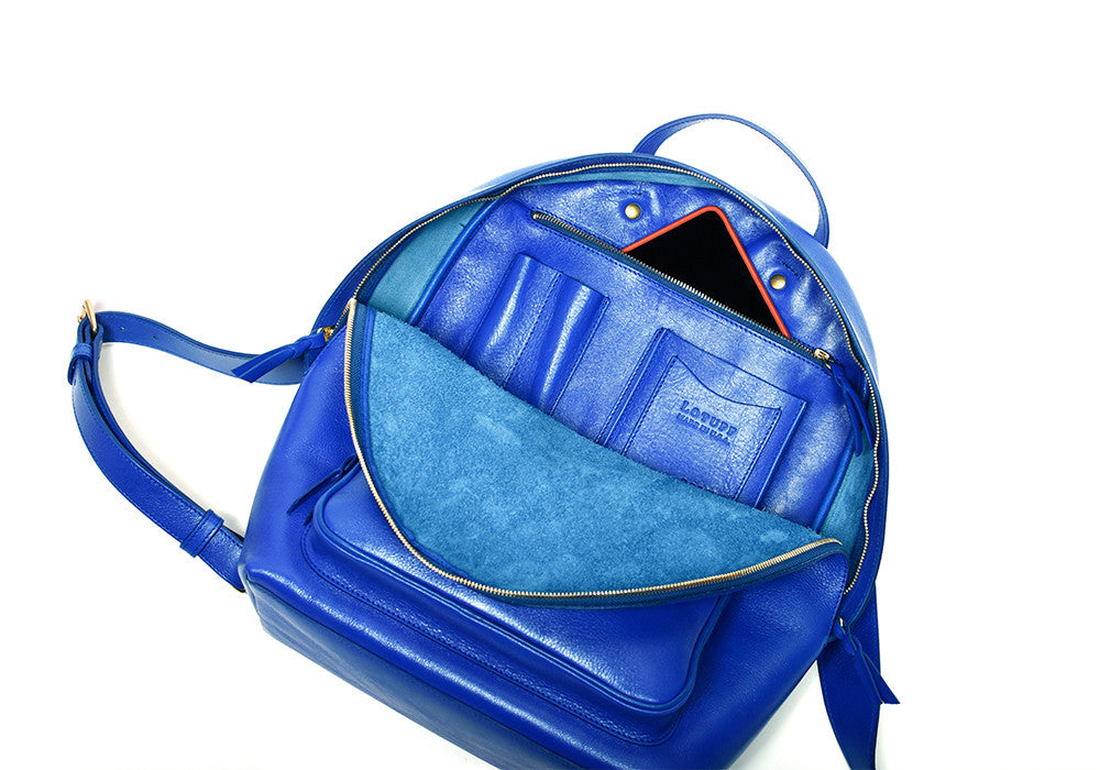 Inner Leather View of Leather Zipper Backpack Electric Blue